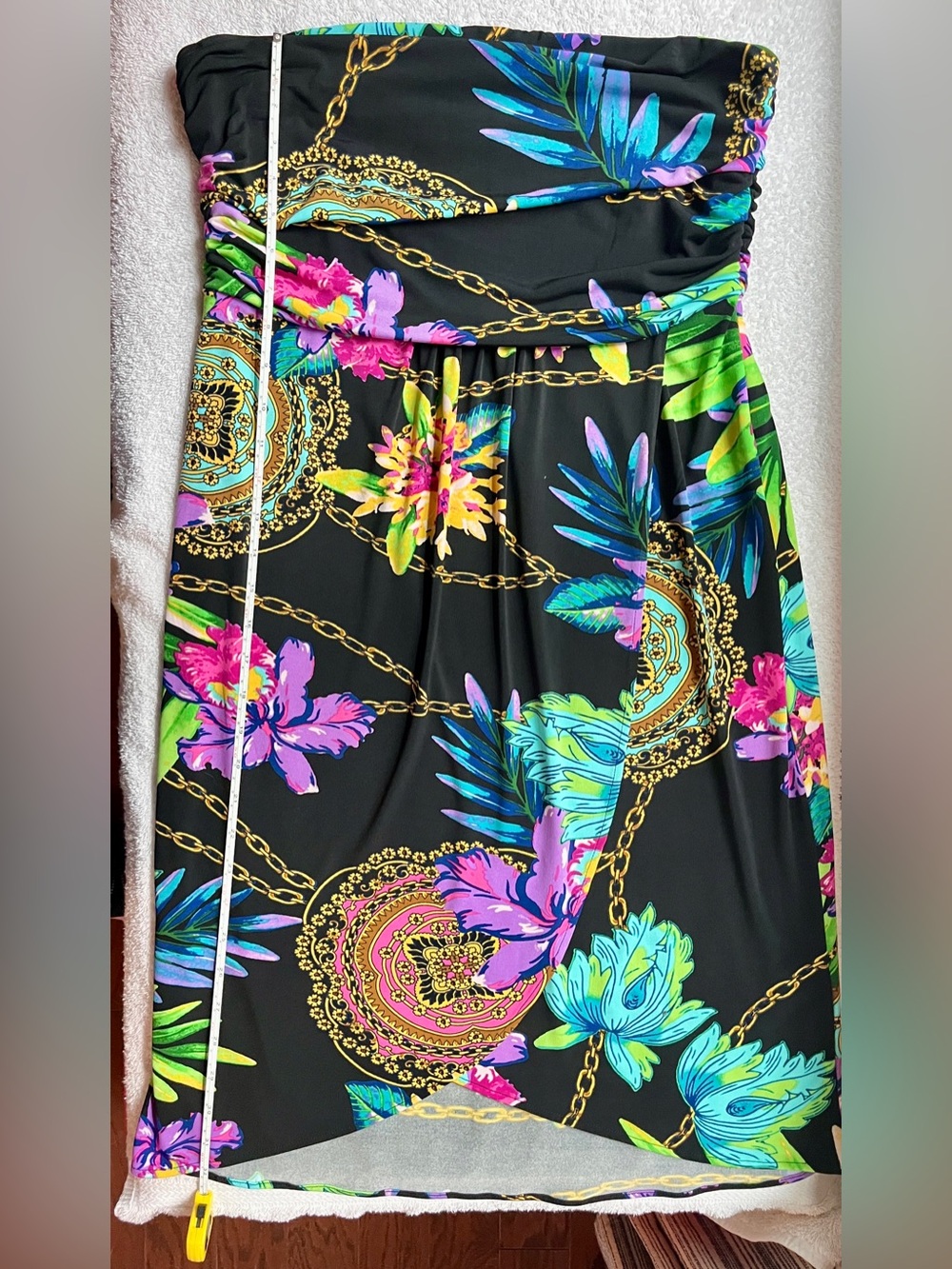 Jennifer Lopez SEXY Black Strapless Tropical Print Dress chain pattern L - Picture 7 of 11